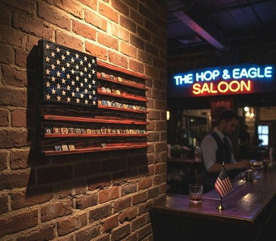 Wooden American Flag | Challenge Coin Display | Rustic US Flag Art | Military Coin Holder | Patriotic Home Decor | Independence Day Gift.