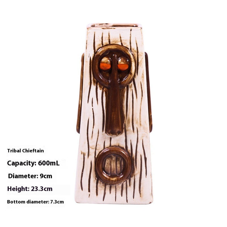 Handcrafted ceramic Tiki mug featuring Moai Sentinel design by WoodyKitchenware, perfect for tropical drinks and collectible decor.