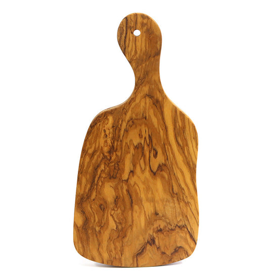 Olive wood cutting board with irregular edges by WoodyKitchenware, featuring natural wood grain and Mediterranean-inspired design.