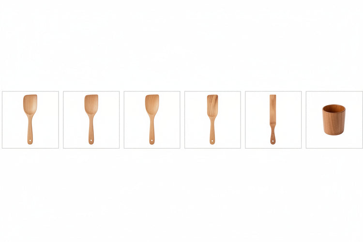 Set of five professional-grade teak wooden spatulas from WoodyKitchenware, ideal for cooking and stirring in the kitchen