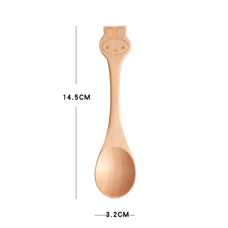Cartoon wooden spoon and fork set for kids by WoodyKitchenware, featuring playful, colorful children&