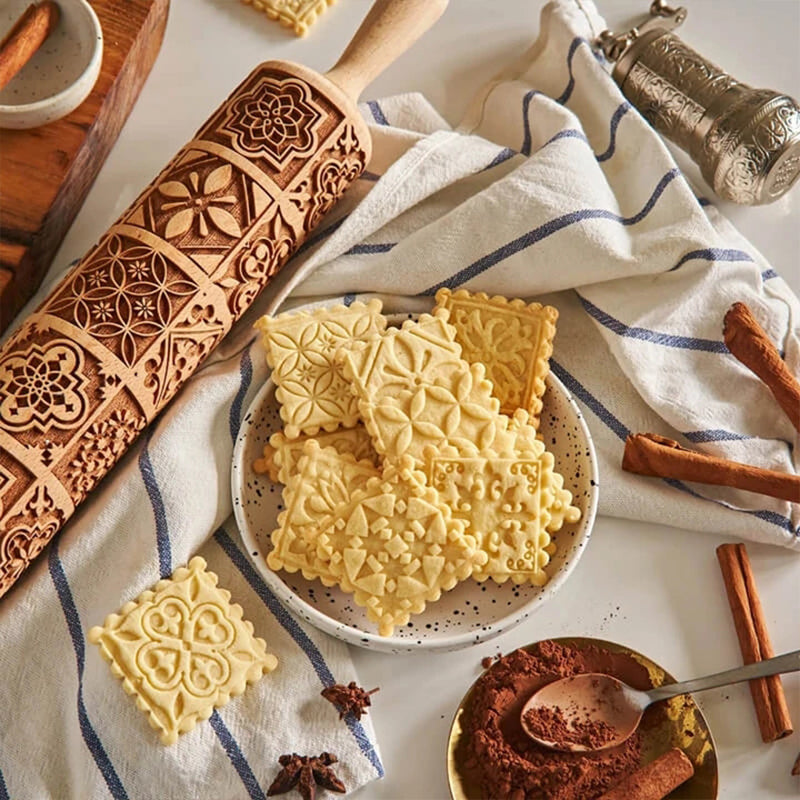 Wooden square embossed rolling pin with window grille pattern from WoodyKitchenware, showing detailed carved design on a light wooden surface.