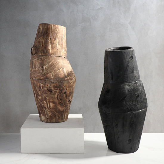 Black wooden vase by WoodyKitchenware, sculptural obelisk design in solid timber, handcrafted decorative wooden vase.
