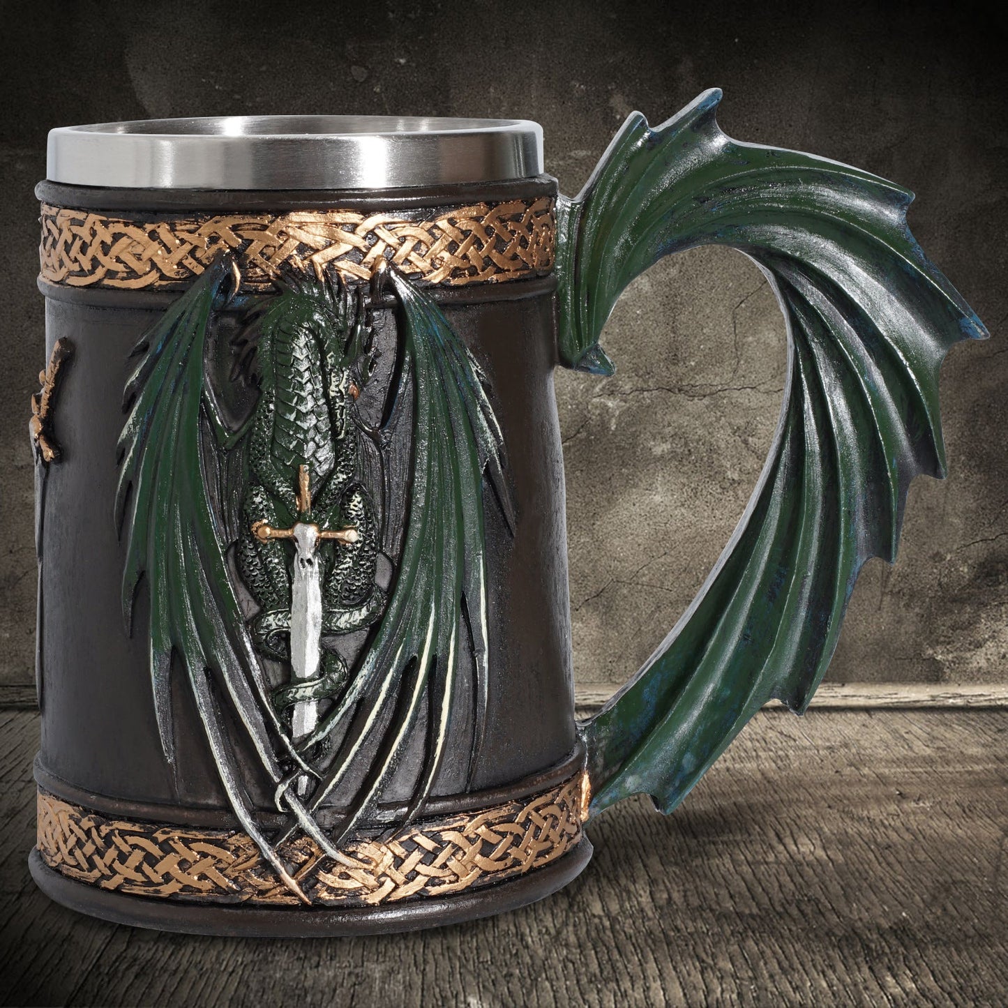 Viking beer mug by WoodyKitchenware featuring a resin and stainless steel tankard with Norse design elements.