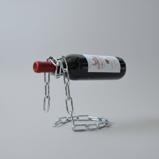 Suspended wrought iron chain red wine shelf by WoodyKitchenware, European style wine bottle holder with decorative iron design.