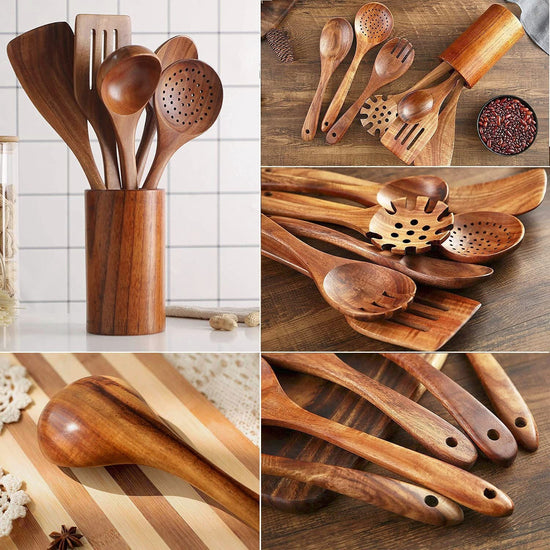 Wooden kitchenware set with teak long handle spoon, wooden colander, and non-stick spatula from WoodyKitchenware.
