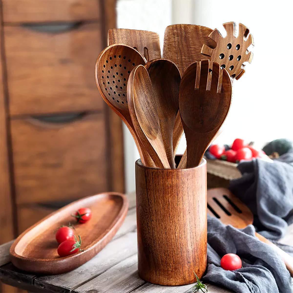 Wooden kitchenware set with teak long handle spoon, wooden colander, and non-stick spatula from WoodyKitchenware.