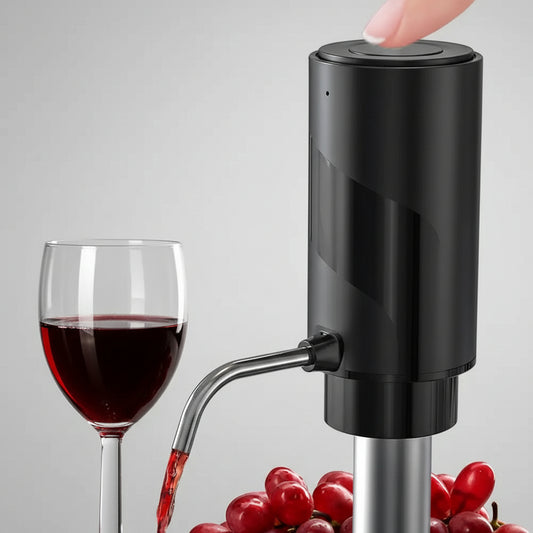 Electric wine aerator and decanter pump by WoodyKitchenware, with one-touch operation for effortless wine aeration.