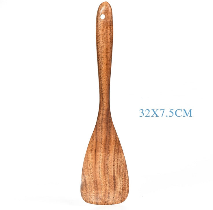 Wooden teak kitchen utensil set including spoon, ladle, turner, rice colander, and soup skimmer for cooking and serving.