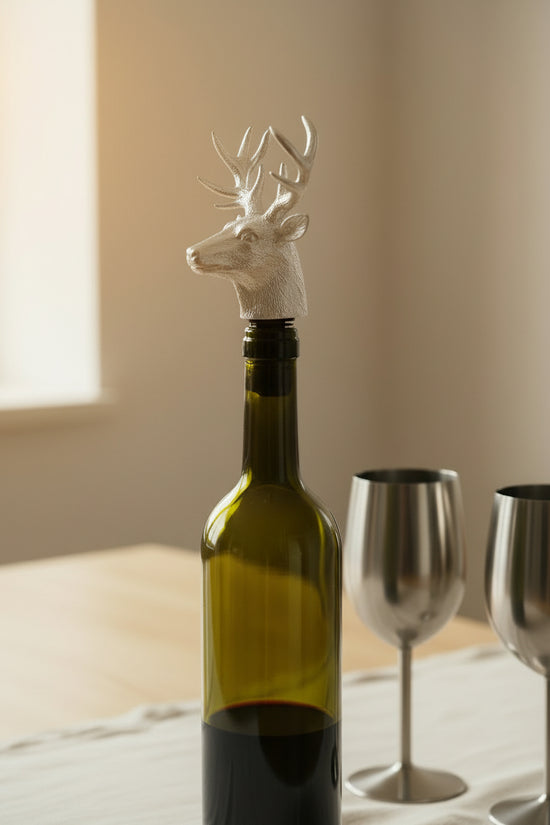 Silver wine pourer and stopper with a deer stag head design by WoodyKitchenware, perfect for wine serving accessories.