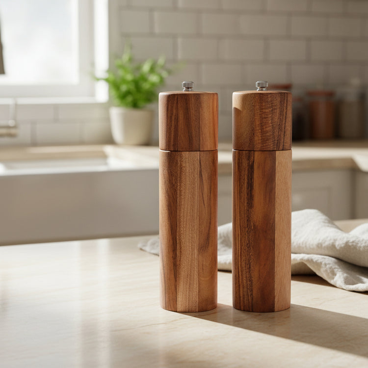 Cylindrical acacia wood pepper grinder with ceramic core by WoodyKitchenware, sleek and reliable for seasoning.