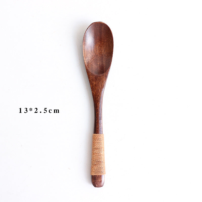 Set of six wooden baby eating spoons from WoodyKitchenware, gentle, eco-friendly feeding utensils for infants.