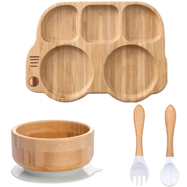 Eco-friendly wooden feeding bowls for children from WoodyKitchenware, bamboo dinnerware set with natural wood finish.