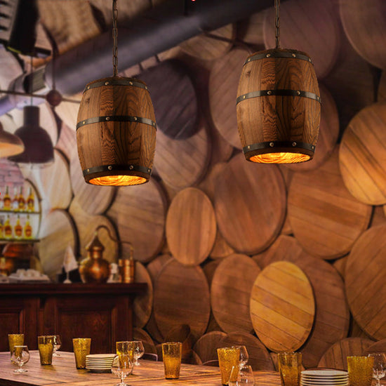 Rustic wooden wine barrel chandelier with vintage design, featured in a dining or living space, by WoodyKitchenware.