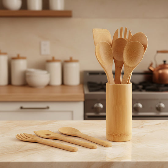 Eco-friendly bamboo spatula set with square holder from WoodyKitchenware, featuring ergonomic handles for sustainable kitchen use.