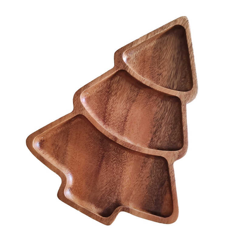 Christmas Tree Shaped Walnut Tray - Compartments for Dried Fruit & Snacks