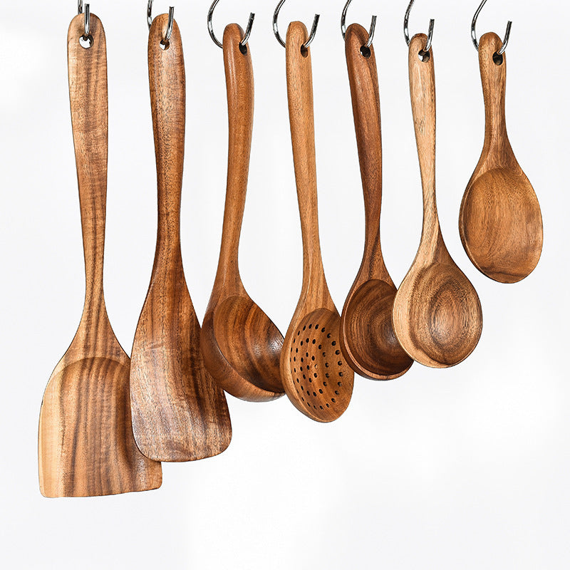 Teak Wood Kitchen Utensil Set: Spoon, Ladle, Turner, Colander, Skimmer & More