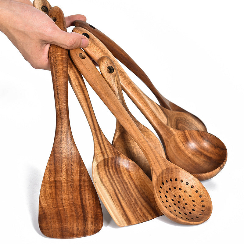 Teak Wood Kitchen Utensil Set: Spoon, Ladle, Turner, Colander, Skimmer & More