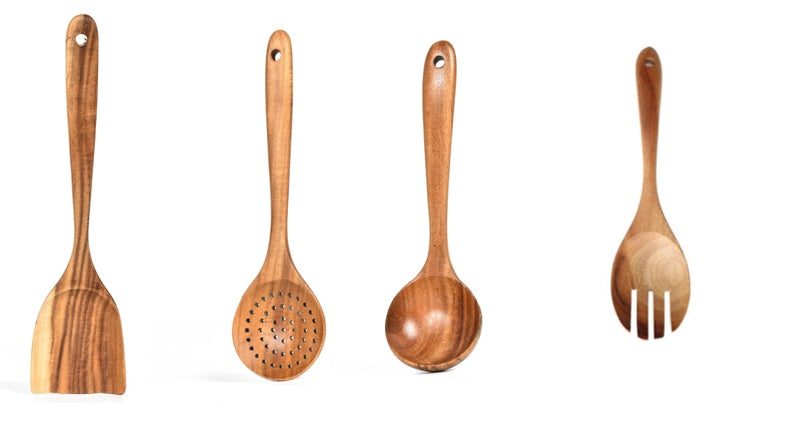 Teak Wood Kitchen Utensil Set: Spoon, Ladle, Turner, Colander, Skimmer & More