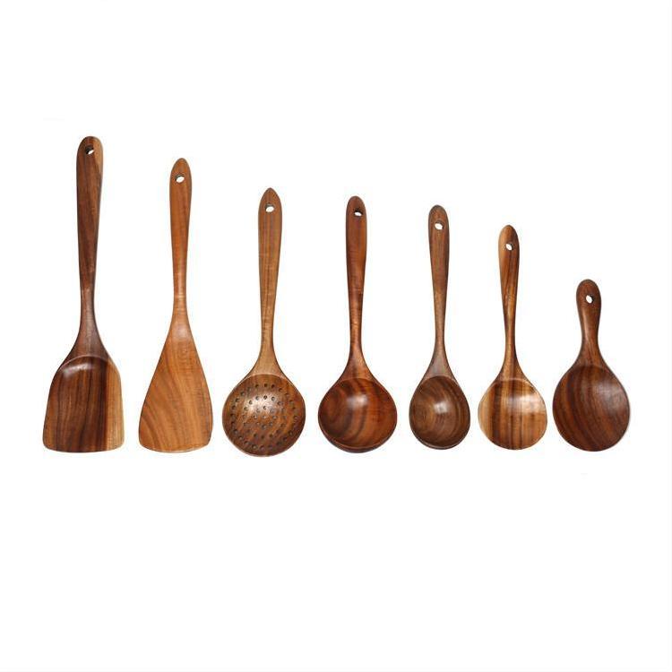 Espátula de madera de acacia para utensilios de cocina antiadherentes Espátula de madera de mango largo Cuchara de madera Juego de cucharas de sopa de madera