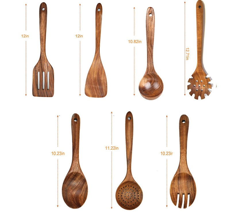 Teak Wood Kitchen Utensil Set - Long Handle Spoon, Colander & Non-Stick Spatula