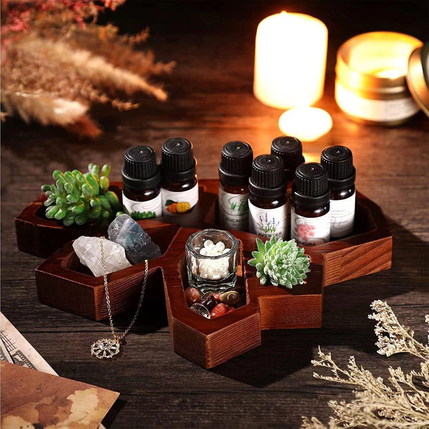 Gothic Wooden Crystal Tray – Handmade Aromatherapy & Essential Oil Display Plate for Elegant Desktop Decoration