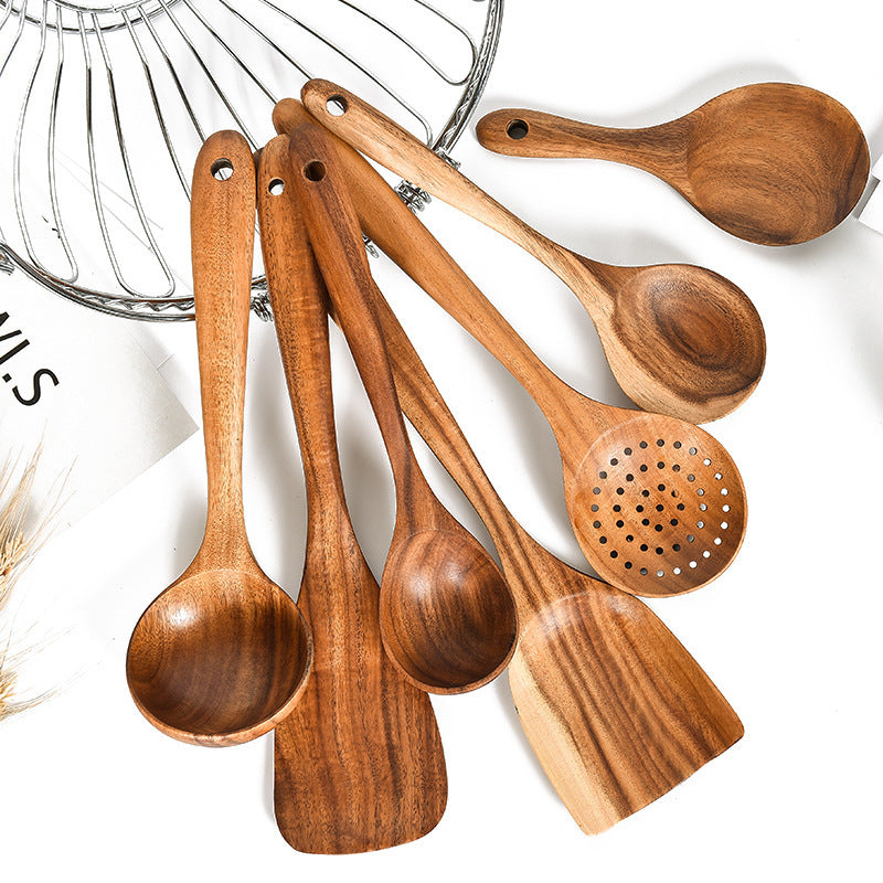 Teak Wood Kitchen Utensil Set: Spoon, Ladle, Turner, Colander, Skimmer & More