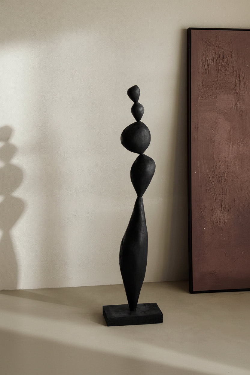 Antique Wabi-Sabi style wooden sculpture by WoodyKitchenware, featuring a minimalist, rustic art floor decoration with natural wood finish.