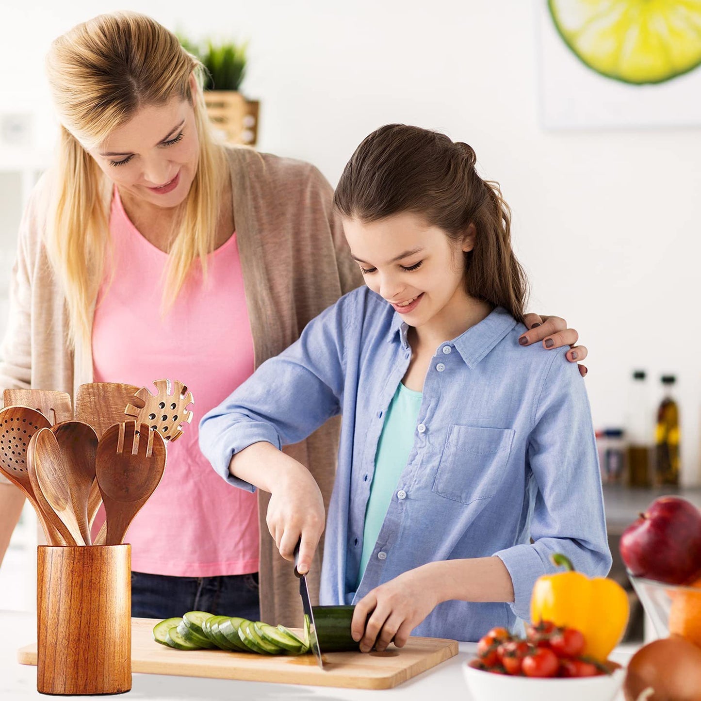 Ustensiles de cuisine en bois Ensemble cuillère à long manche en teck Passoire en bois Spatule antiadhésive