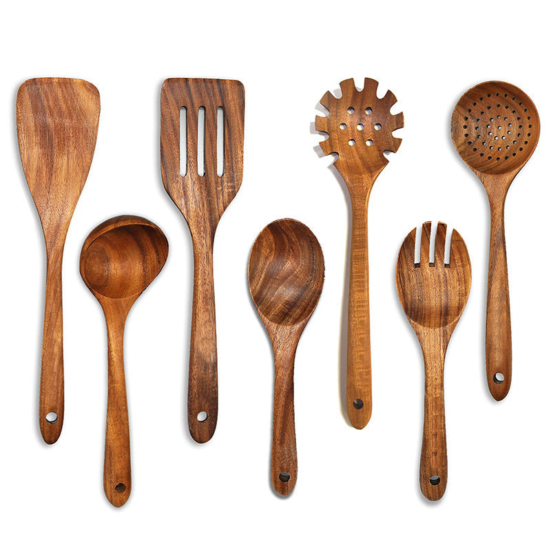 Teak Wood Kitchen Utensil Set - Long Handle Spoon, Colander & Non-Stick Spatula