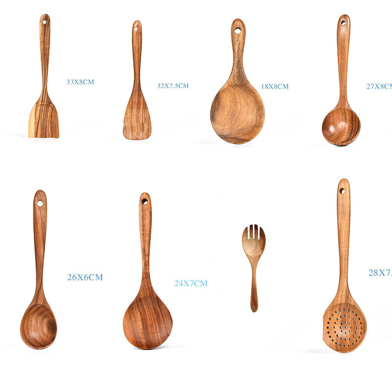 Teak Wood Kitchen Utensil Set: Spoon, Ladle, Turner, Colander, Skimmer & More