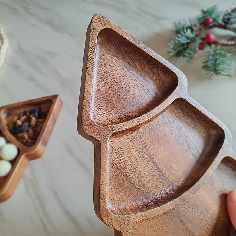 Christmas Tree Shaped Walnut Tray - Compartments for Dried Fruit & Snacks