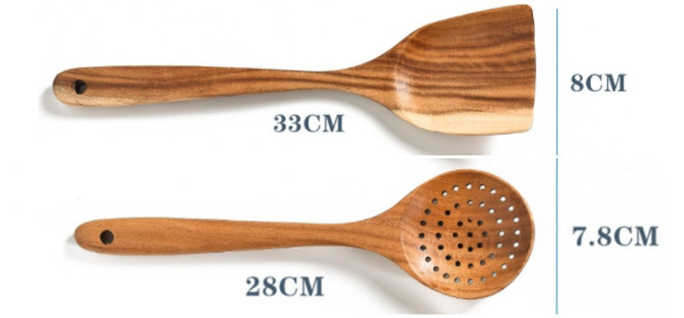 Teak Wood Kitchen Utensil Set: Spoon, Ladle, Turner, Colander, Skimmer & More