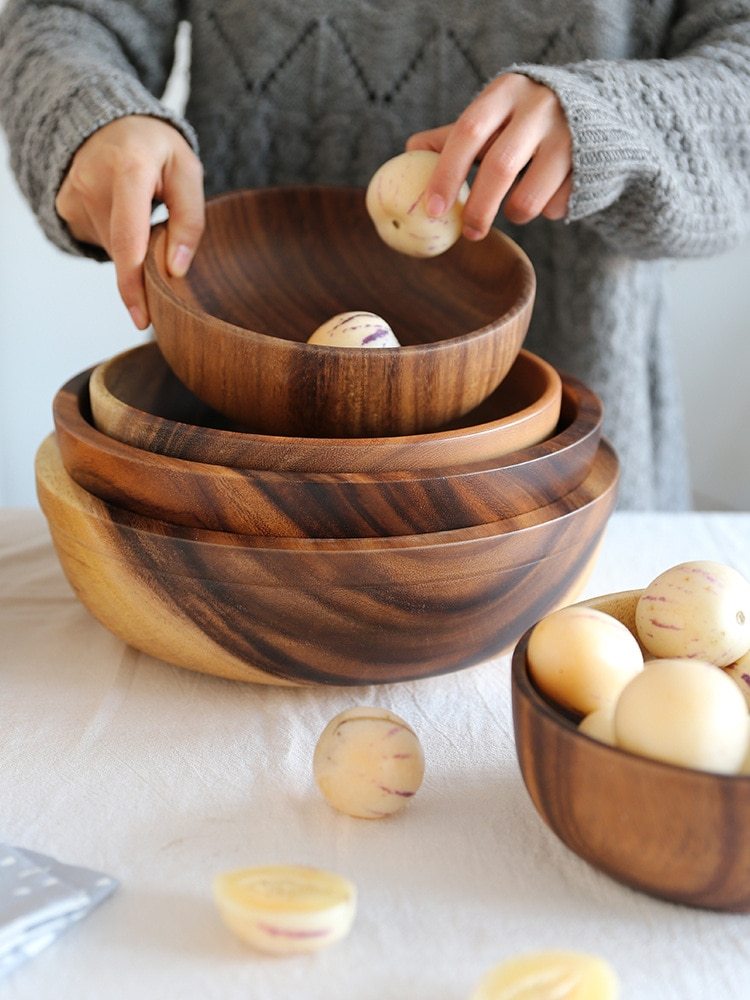 Ciotola di legno naturale da cucina Ciotola di frutta per uso domestico Ciotola per insalata per casa Contenitore per alimenti da ristorante Utensili in legno Nota le dimensioni Caldo