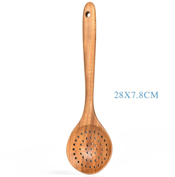 Teak Wood Kitchen Utensil Set: Spoon, Ladle, Turner, Colander, Skimmer & More