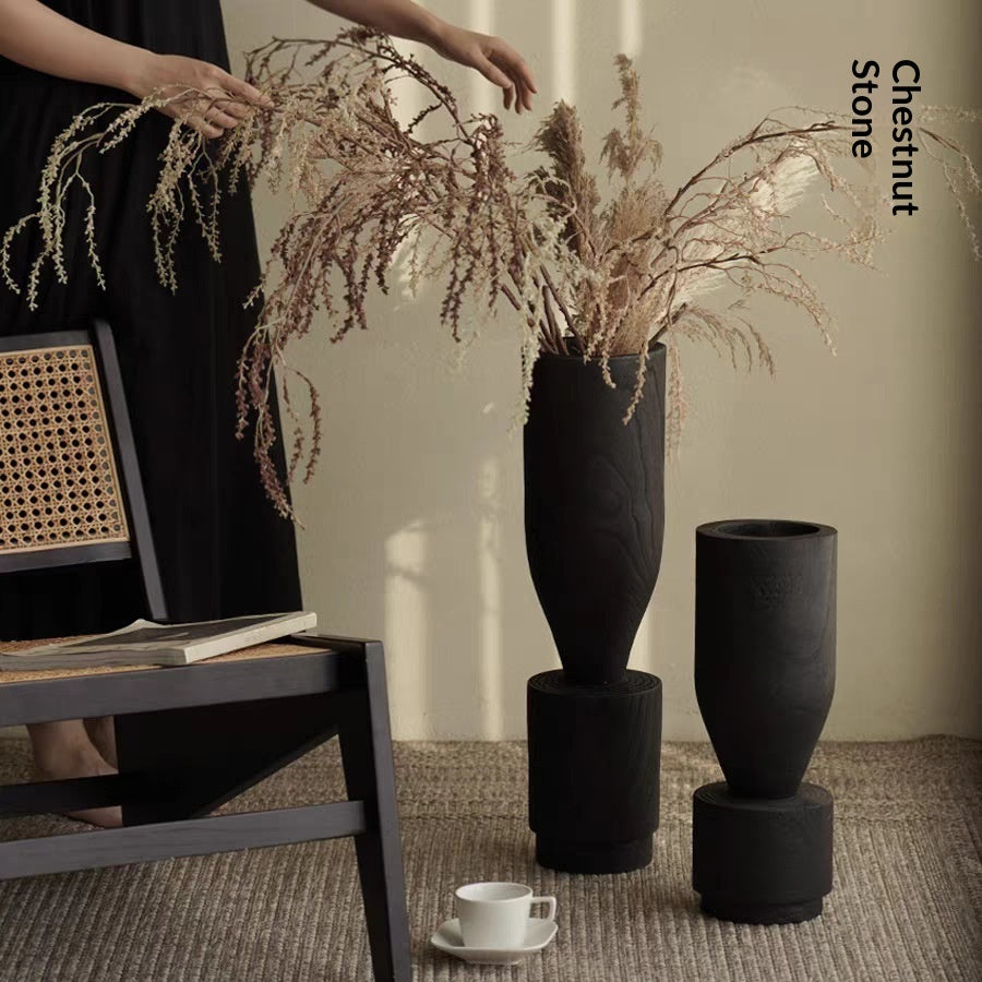 Rustic Wabi-Sabi Carbonized Wood Vase by WoodyKitchenware featuring natural textured wood for artistic home decor.