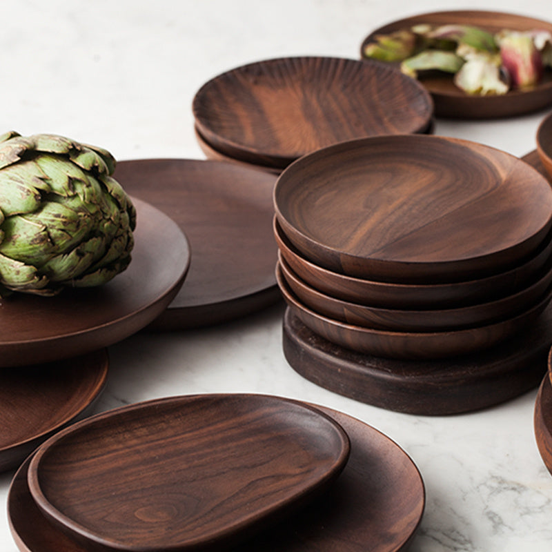 Plateau rond en bois de noyer noir pour petit-déjeuner