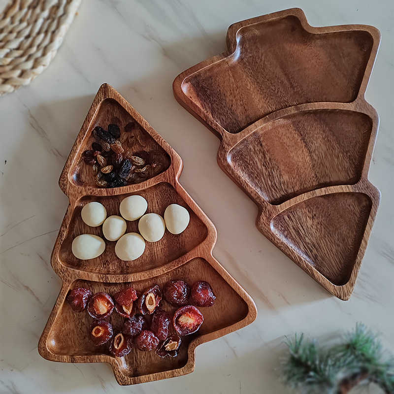 Christmas Tree Shaped Walnut Tray - Compartments for Dried Fruit & Snacks