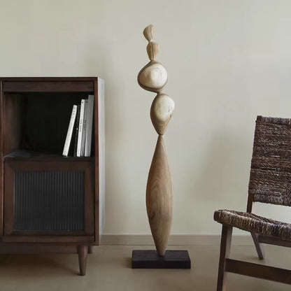 Antique Wabi-Sabi style wooden art sculpture by WoodyKitchenware, featuring a rustic, handcrafted solid wood design for floor decoration.