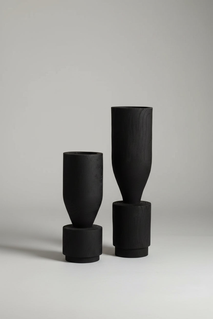 Rustic Wabi-Sabi Carbonized Wood Vase by WoodyKitchenware featuring textured, darkened wood with an artistic, natural finish.