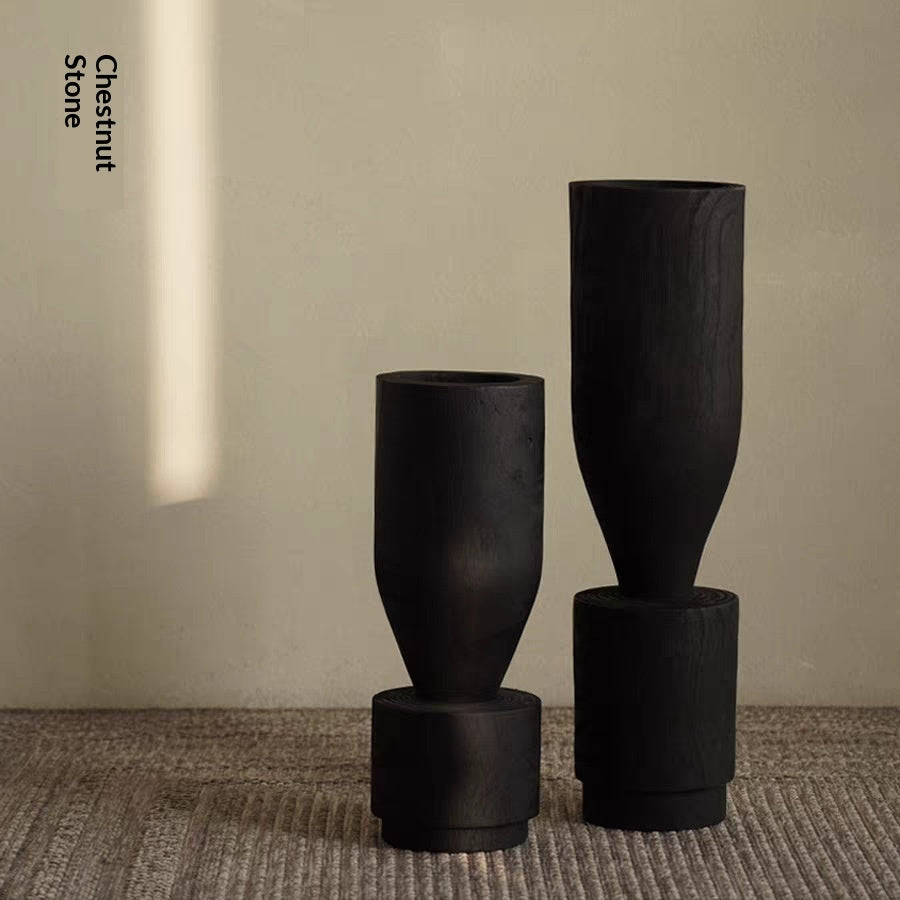 Rustic Wabi-Sabi Carbonized Wood Vase by WoodyKitchenware featuring textured, darkened wood with an artistic, natural finish.