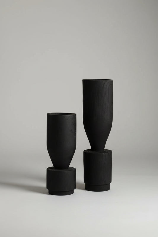 Rustic Wabi-Sabi Carbonized Wood Vase by WoodyKitchenware featuring textured, darkened wood with an artistic, natural finish.