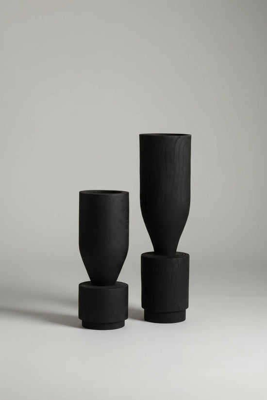 Rustic Wabi-Sabi Carbonized Wood Vase by WoodyKitchenware featuring textured, darkened wood with an artistic, natural finish.