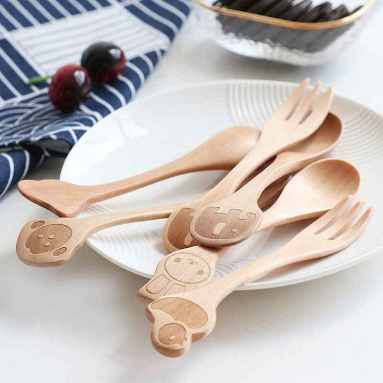 Cartoon Wooden Spoon & Fork Set – Playful Dining for Kids