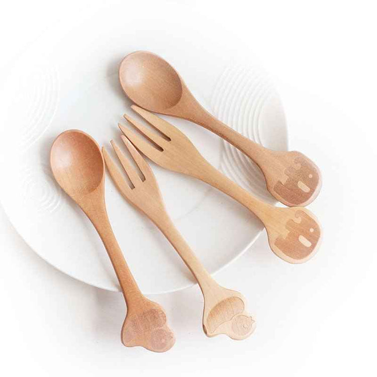 Cartoon Wooden Spoon & Fork Set – Playful Dining for Kids