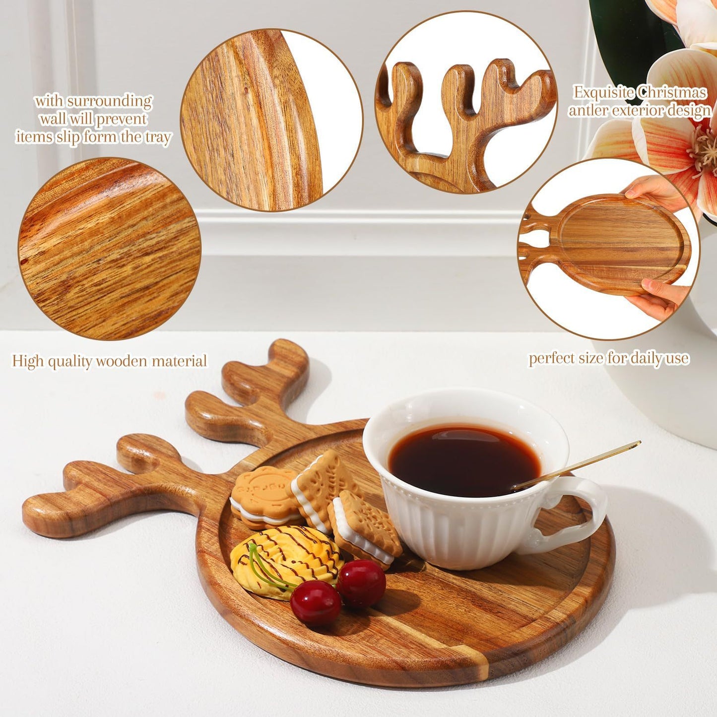 Christmas Wooden Tray with Antler Handles - Festive Serving Platter