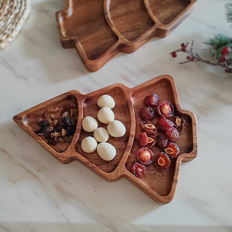 Christmas Tree Shaped Walnut Tray - Compartments for Dried Fruit & Snacks