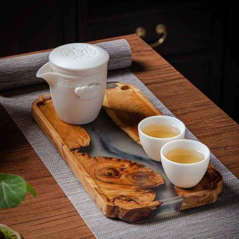 Epoxy-Enhanced Dry Rectangular Wooden Tray – Elegant Bamboo & Resin Tea Tray