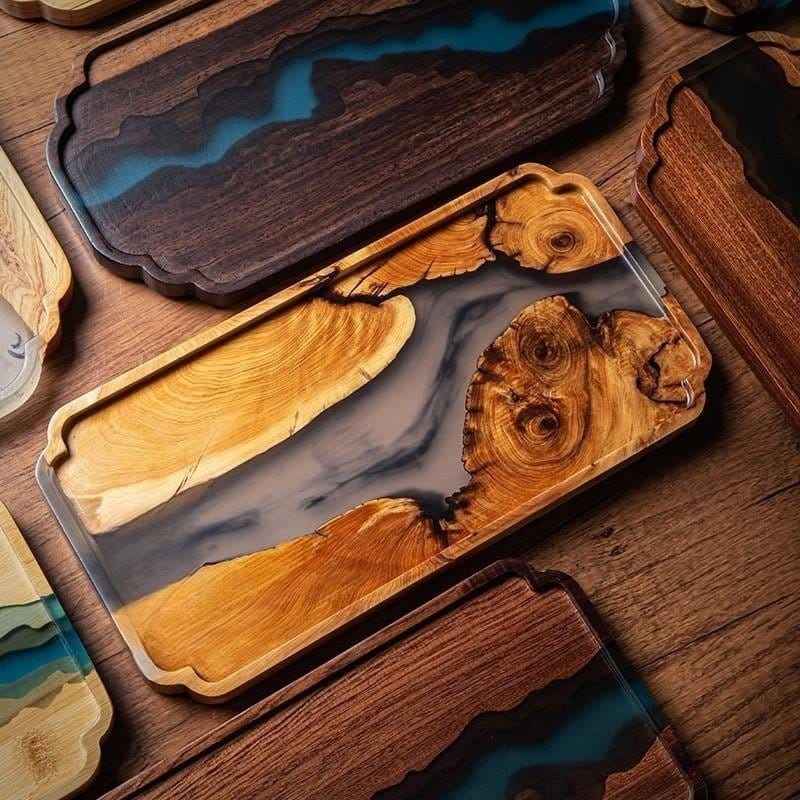 Epoxy-Enhanced Dry Rectangular Wooden Tray – Elegant Bamboo & Resin Tea Tray