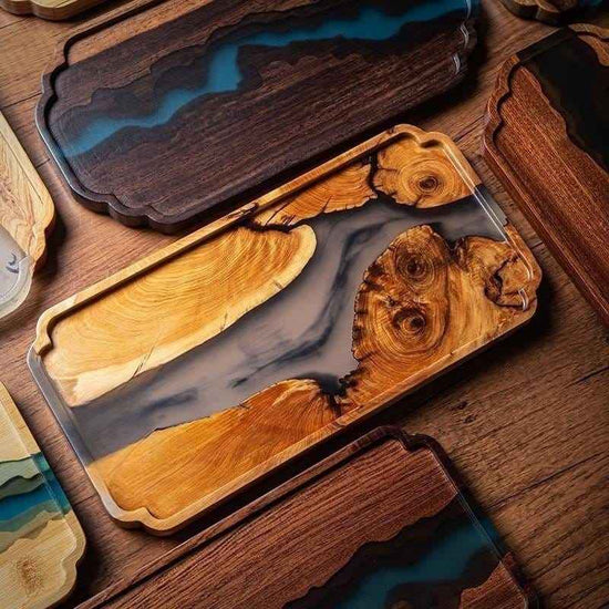 Epoxy-Enhanced Dry Rectangular Wooden Tray – Elegant Bamboo & Resin Tea Tray